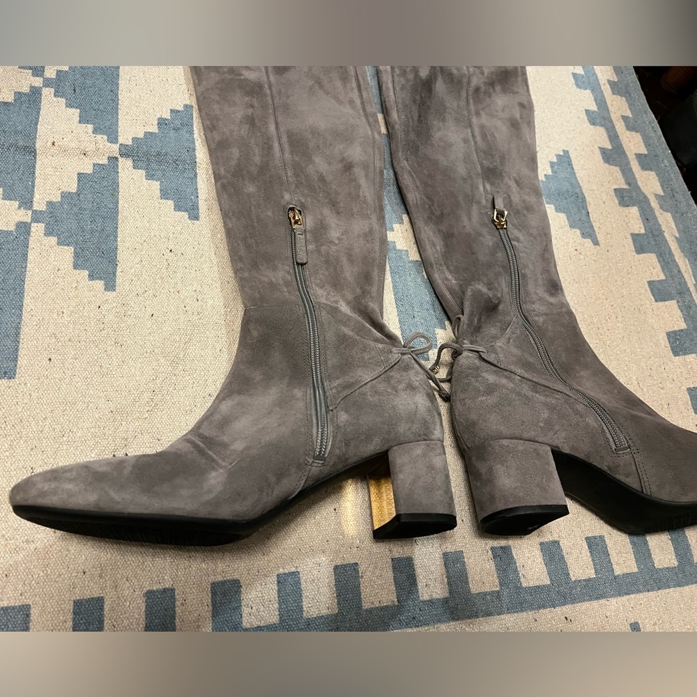 Tory Burch Laila Suede Over the Knee Grey Boots Block Heel Bow Gold Tall Leather - Picture 8 of 16
